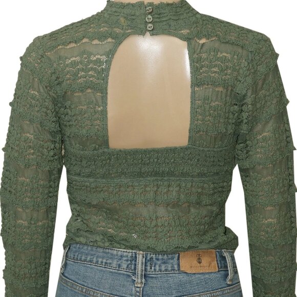 Free People Angelina Bodysuit Army Green Mock Neck Lace Sheer Top L - Picture 3 of 7